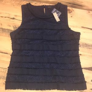NWT J.Crew Navy Textured Tweed Lace&Fringe Top-L